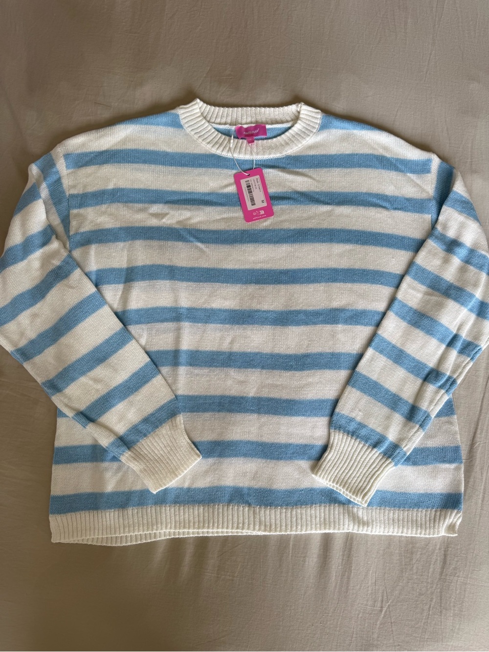 Edikted Cream and Light Blue Striped Crewneck Sweater